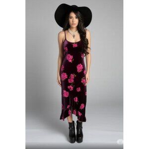 Mandee Vintage Rose Print Velvet Whimsy Ruffle Hem Spaghetti Straps Midi Dress L